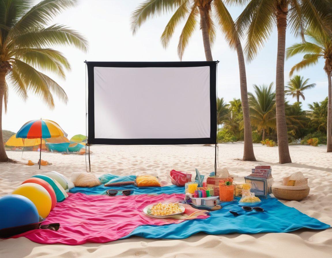 A vibrant beach scene depicting an array of bold and colorful swimwear laid out on a sandy beach, with a cozy outdoor movie setup featuring a vintage projector and a large screen playing a classic summer film. Surrounding the setup are tropical palm trees and beach accessories like sunglasses, popcorn, and beach balls, evoking a fun, sunny summer vibe. super-realistic. vibrant colors. white background.