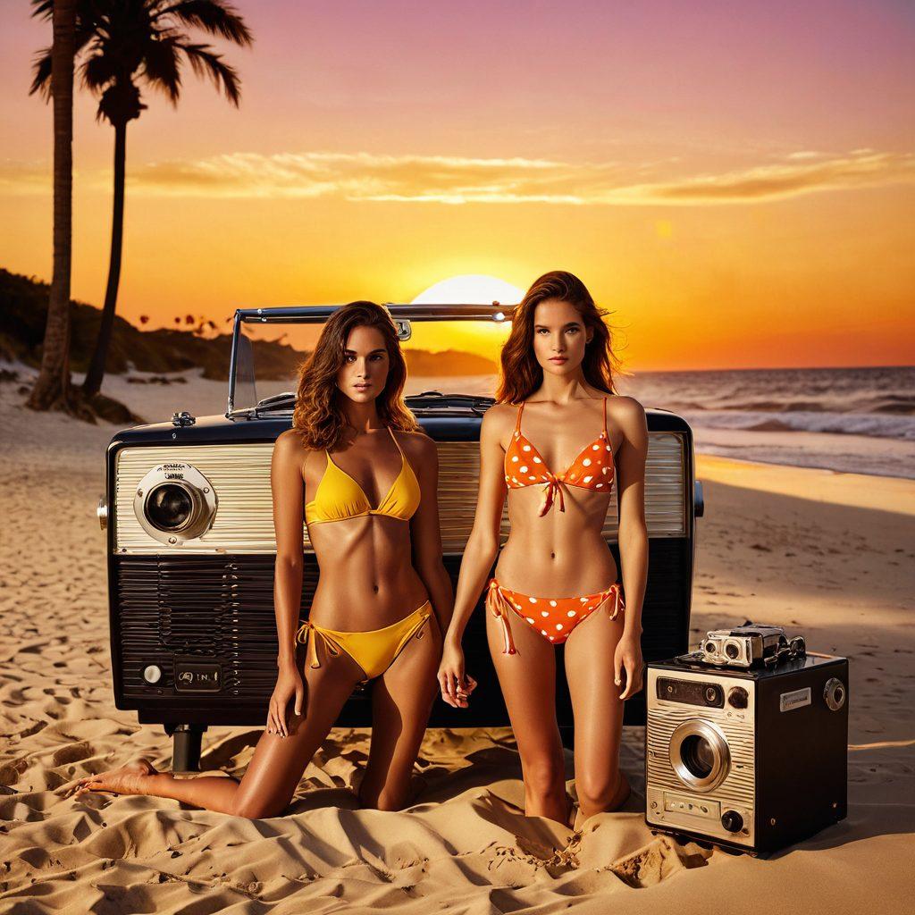 A vibrant beach scene featuring stylish swimwear models posing on golden sands, juxtaposed with cinematic elements like a vintage film projector and movie posters in the background. The sun setting in warm hues casts a magical glow over the beach, while a variety of swim accessories sparkle in the foreground. Capture the essence of fashion and film in a playful, dynamic composition. super-realistic. vibrant colors. sunset backdrop.