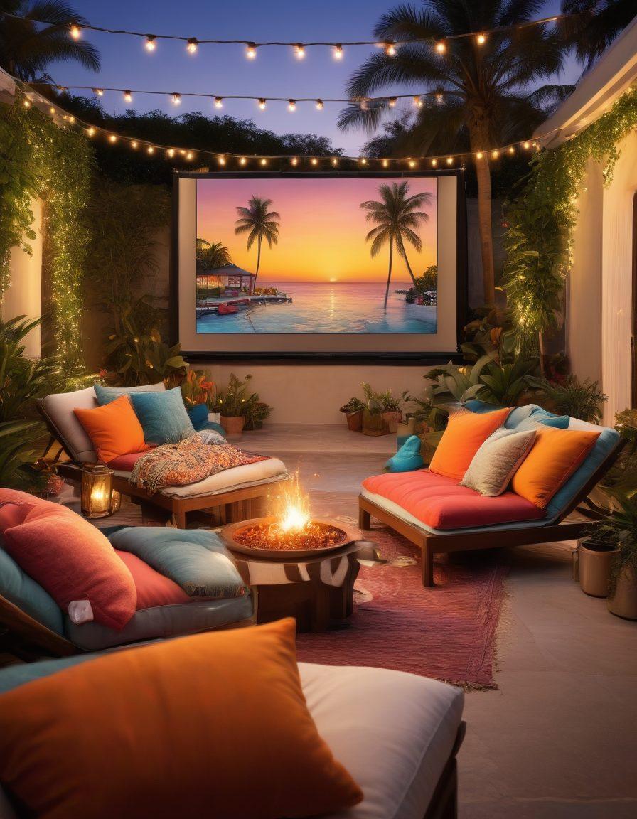 A cozy poolside setting with plush lounge chairs and colorful throw pillows, a large screen displaying a classic movie, surrounded by string lights and tropical plants. A table with popcorn, drinks, and snacks invites viewers to join the scene. The sunset casts a warm glow, enhancing the relaxed atmosphere. super-realistic. vibrant colors. cinematic feel.